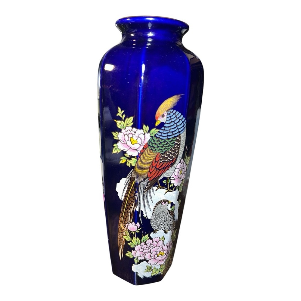 Japanese Blue Vase with Bird and Floral Design, Made in Japan - Picture 2 of 11